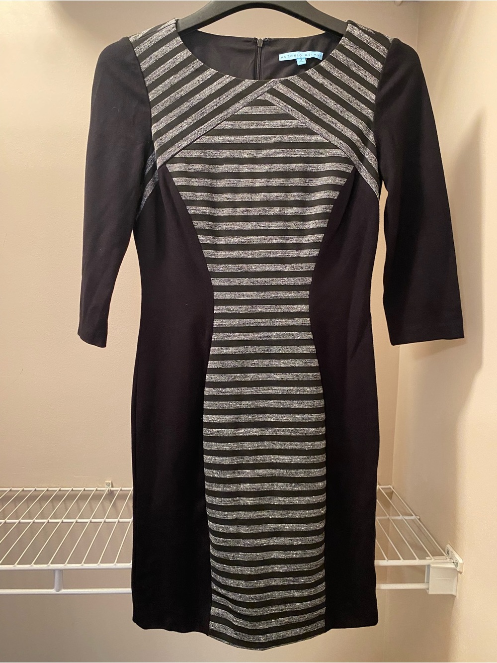 NEW Antonio Melani Black Striped Fully Lined Dress with Zip Back Size 4